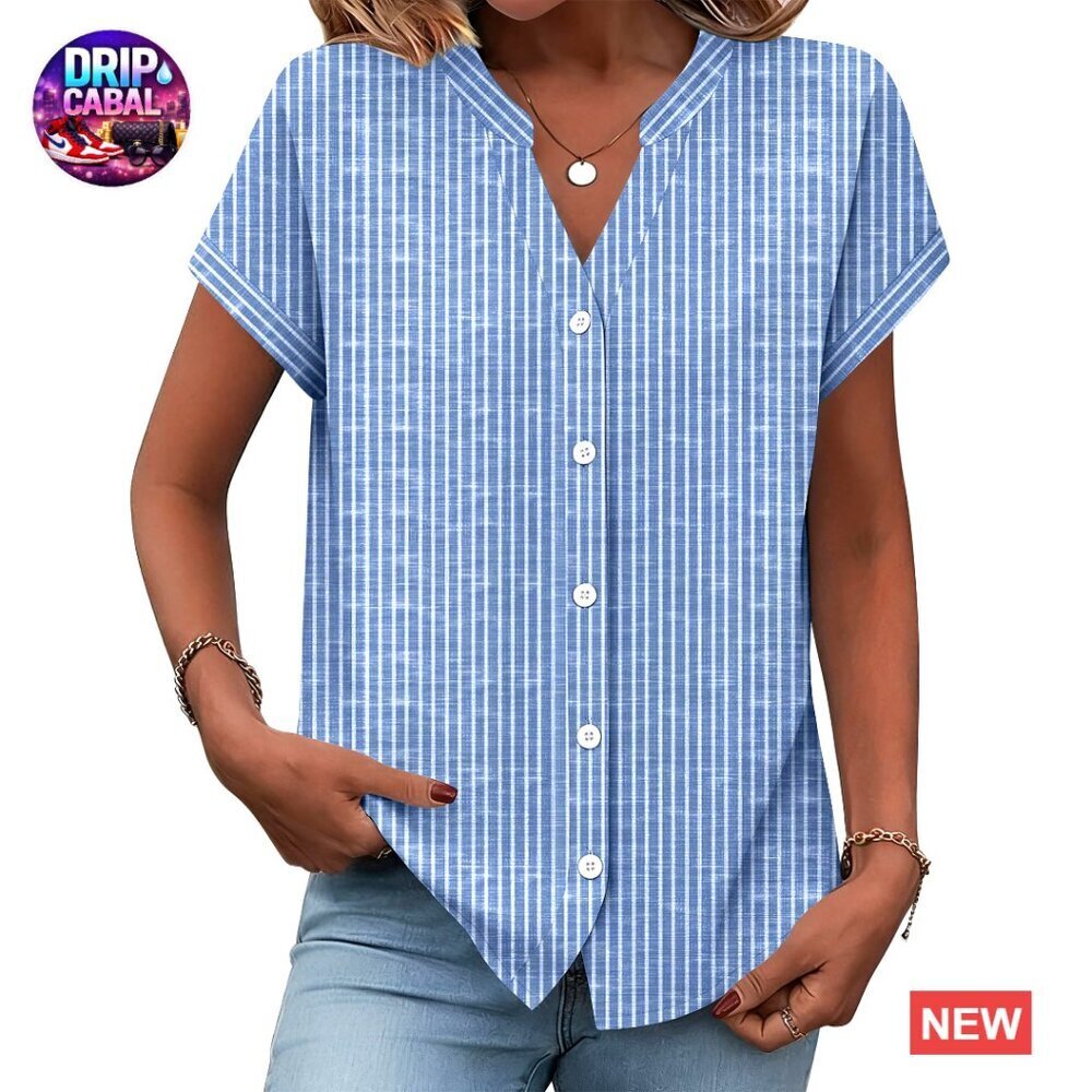 Short Sleeve Button Down Blouse V Neck Collar Business Casual Chic Tops
